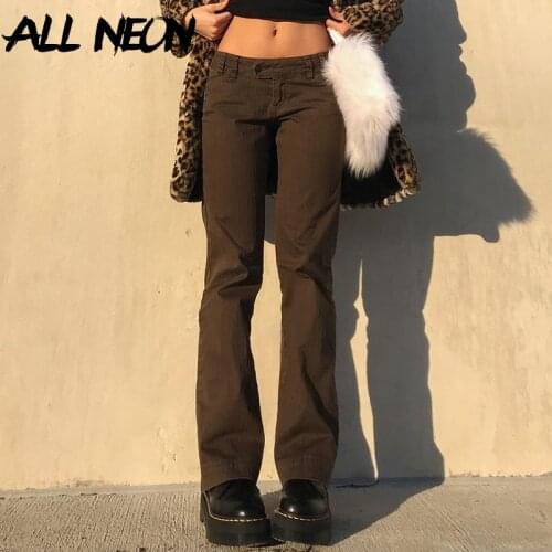 ALLNeon 90s Streetwear Low Waist Brown Denim Pants Indie Aesthetics Slim Straigh Long Y2K Jeans Vintage Trousers Skater Clothes