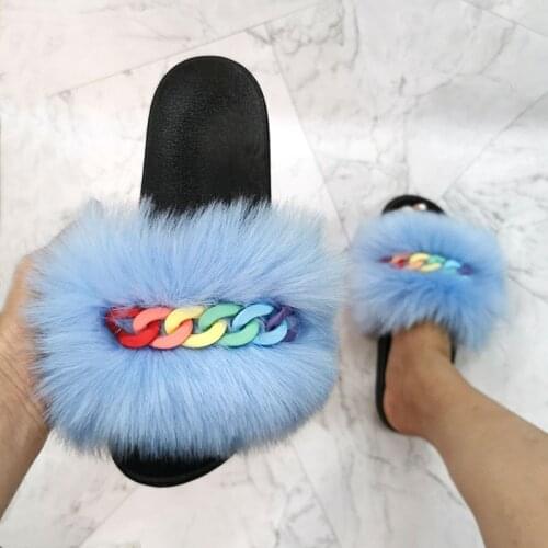 Women Furry Sandals Color Buckle Fashion Fluffy Shoes Woman Faux Fox Fur Womens Outdoor Slides Comfort Women Shoes Large Size