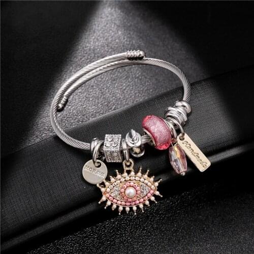 Simulation Pearl Evil Eye Stainless Steel Bracelets Femme Bead Crystal Silver Color Cuff Bangles For Women Jewelry Dropship 2020