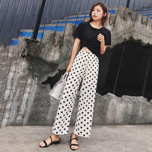 Pants Women Korean Style Spring Summer Point Wide Leg Trousers Womens High Waist Chiffon Elegant Breathable Comfortable Pant