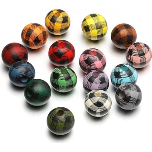 20pcs 16mm Wooden Beads Plaid Round White Black Colorful Spacer Loose Wood Beads for Jewelry Making DIY Necklace Earrings