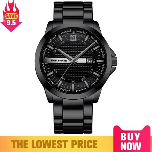BEN NEVIS Black Mens Watch Waterproof Stainless Steel Bracelet Clasp Unique Dotted Line Design Dial Business Watches Male
