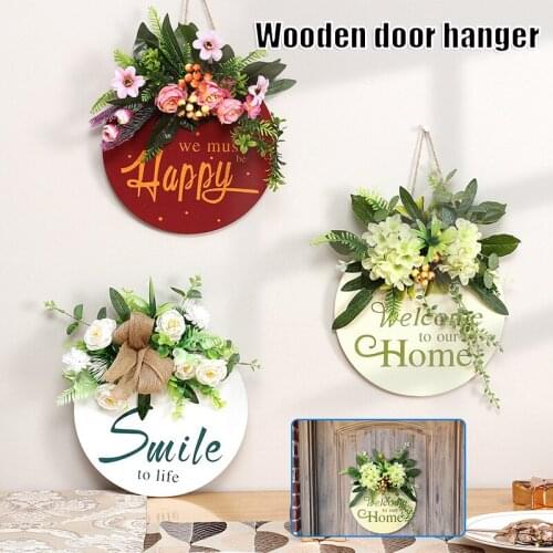 Wooden Welcome Sign Round Floral Wall Front Door Decor with Letters Handmade Rural Hanging Ornament for Home Fence NIN668