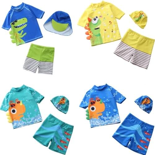 Children Two Pcs Swimsuit Kids Baby Girls Swimwear Boys Short Sleeve Surfing Wear Bathing Suit Baby Sandy Rash Guard +Cap 1-6Y