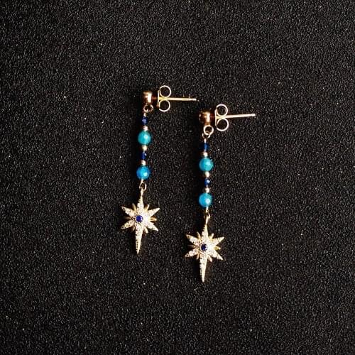Lii Ji Blue Apatite Lab-created Sapphire Earrings 925 Sterling Silver 18K Gold Setting Zircon Star Vintage Stud Earrings