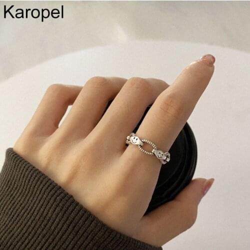 Karopel 925 Sterling Silver Smiley Chain Rings For Women Simple Open Index finger Ring Wholesale