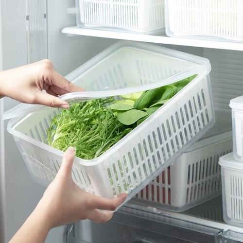 1.5/3/4.5/7L Refrigerator Food Containers Vegetable Fruit Meat Box Kitchen Rectangular Double-Layer Drain Basket With Lid