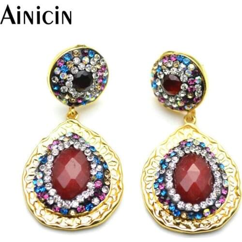 Colorful Rhinestone Crystal Paved Natural Semi-precious Stone Stud Earrings Gold Plating Fashion Women Party Jewelry