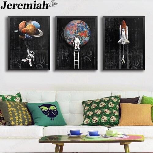 Cartoon Astronaut Canvas Painting Universe Space Black Background Poster Wall Art Picture Print Modern Room Home Decoration Gift