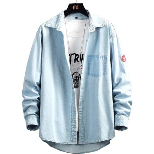 Mens Badge Denim Shirt Casual Long Sleeve Turn Down Collar Jean Blouse Top Light Dark Blue