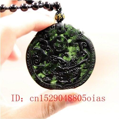 Natural Black Green Jade Chinese Tiger Pendant Beads Necklace Charm Jewelry Obsidian Accessories Carved Amulet Gifts for Men Her