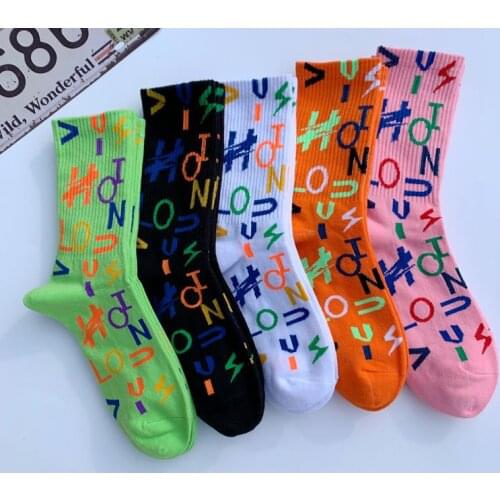 Crew Street Fashion Cotton Socks Messy Letters Multicolour Chromatic Colour Color English Funny Game Harajuku Pop Socket Cycling