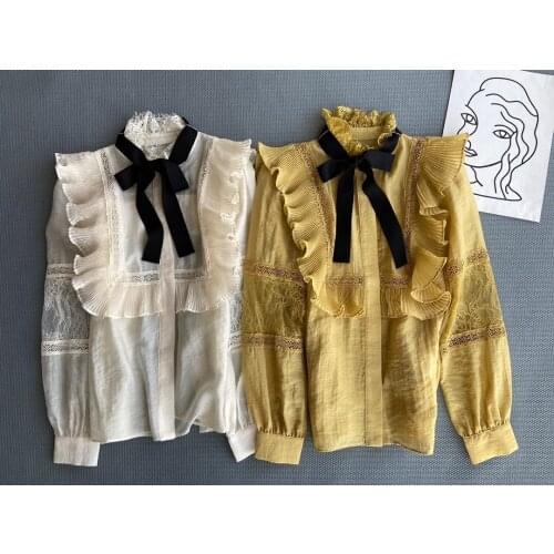 New ladies fashion 2021 long sleeve sexy casual bow lace ruffled shirt 1211