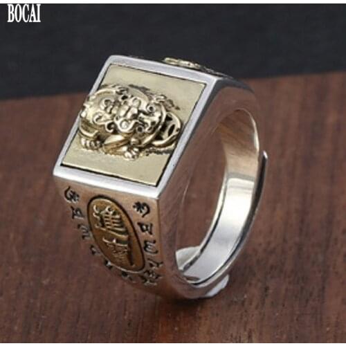 New 100% real S92 Sterling Silver Lucky Fortune Transfer Ring For Men Thai Silver Six Words Mantra Ring adjustable Mens Rings