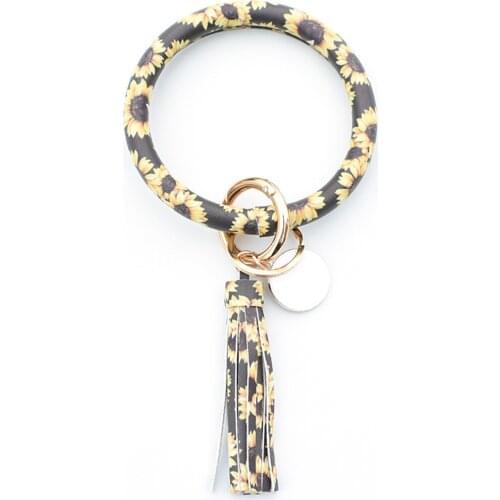 New Design Fashion 1PC Trend Print Large Leather Bracelet Tassel Round Keychain Ring Jewelry Wristban Jewelry Gifts