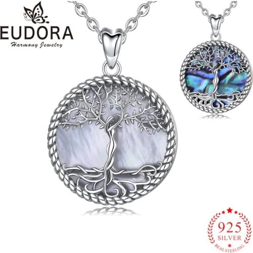 Eudora 925 Sterling Silver Tree of Life Necklace Mother of Pearl Pendant Two Style Blue Statement Necklace for Women Girl Gift