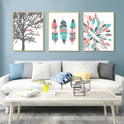 Nordic Canvas Painting Wall Art Prints and Posters Feather Coral Mint Landscape Pictures Modern For Baby Girl Room Decoration