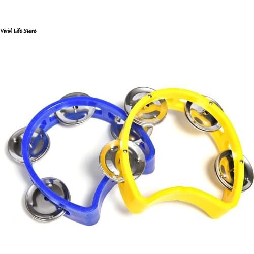 1Pc Tambourine Hand Held With Double Row Metal Jingles Percussion Church Band Color Random Dia 10cm