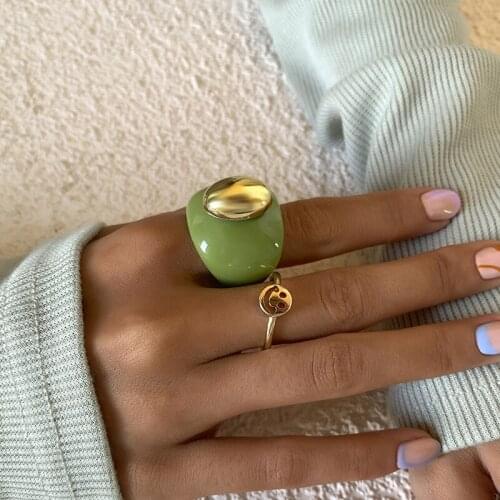 TARCLIY Creative Geometric Smiley Alloy Ring Exaggerated Acrylic Avocado Ring Set Fashionable Fruit-Shape Finger Jewelry 2021