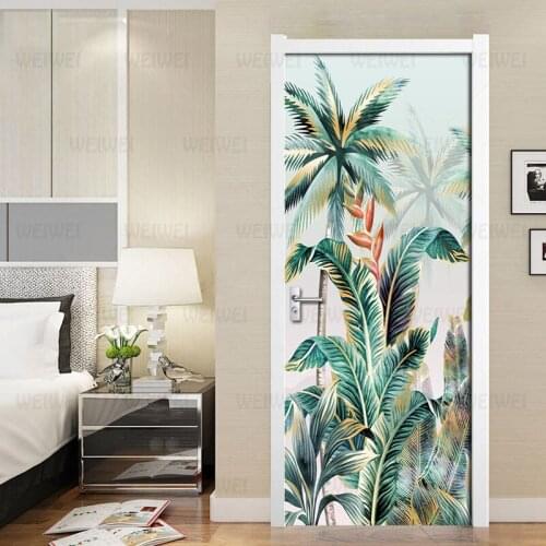 Tropical Plant Leaves Door StickerPVC Self-adhesive Waterproof Detachable Poster Wallpaper Living Room Bedroom Door Decor Decal