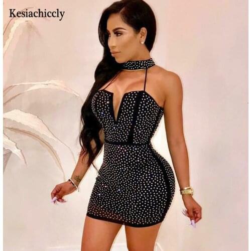 Kesiachiccly Sequin Party Bodycon Dress Women 2021 Deep V Neck Choker short Pencil Dress Sexy Hollow Out Backless Summer Dress