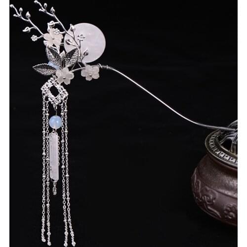 FORSEVEN New Women Girl Photography Chinese Dress Hair Decoration Fairy Floral Moon Long Tassels Hairpin Hair Claw Hair Sticks
