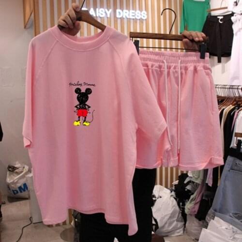 Shyloli Women print short pants and short sleeve black pink blue white o-neck 2021 new fashion summer beach style