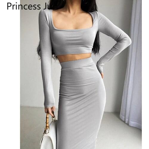 Women Fashion Sexy Two Piece Sets Outfit Long Sleeve Square Collar Crop Top&High Waist Pencil Skirt Slim Two Piece Dress Suits