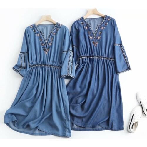 Embroidery denim dress women long sleeves casual summer loose denim dresses cotton light blue v-neck jeans dress