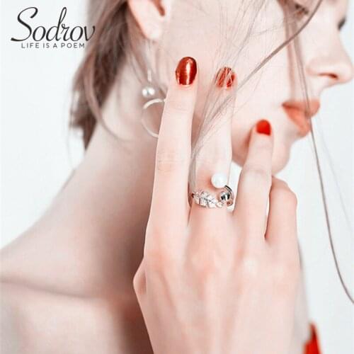 SODROV 925 Sterling Silver Fine Jewelry Leaves Engagement Wedding Rings for Women Open Finger Rings Pearl Birthday Present R034