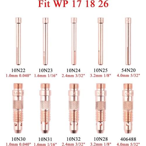 1.0/1.6/2.4/3.2/4.0mm TIG Collet Collet Body 10N22 10N23 10N24 10N25 54N20 10N30 10N31 10N32 10N28 406488 For WP17 18 26 Torch