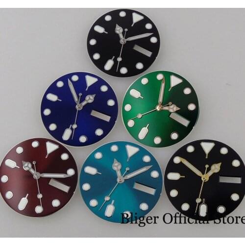 28.5mm Sterile Green Luminous Index fit nh35a nh36a Weekday Date Window Watch Dial Hand Set