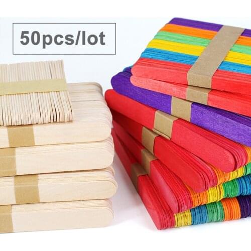 50Pcs/Lot Colored Wooden Popsicle Sticks Natural Wood Ice Cream Sticks Kids DIY Hand Crafts Art Ice Cream Lolly Cake Accessories