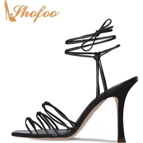 Black Stiletto High Heels Women Sandals Narrow Band Lace Up Large Size 15 16 Ladies Summer 2021 Fashion New Mature Shoes Shofoo