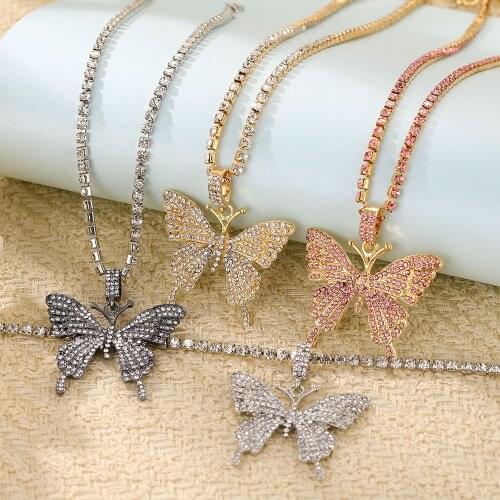 ZOVOLI Gold Crystal Butterfly Pendant Necklace For Women Statement Shiny Tennis Chain Necklaces Fashion Hip Hop Jewelry Gift