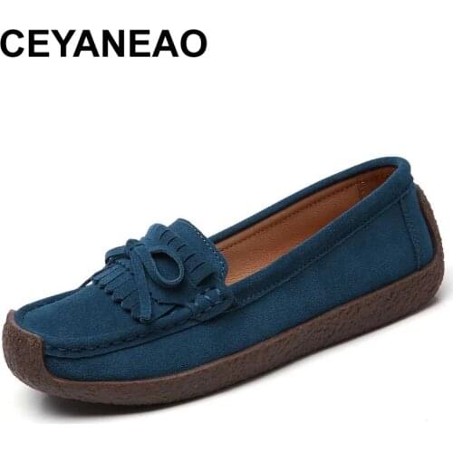 CEYANEAO New Bowknot Tassel Casual Women Shoes Solid Suede Womens Retro Flat Bottom Womens Single Shoes Breathable Soft Shoes