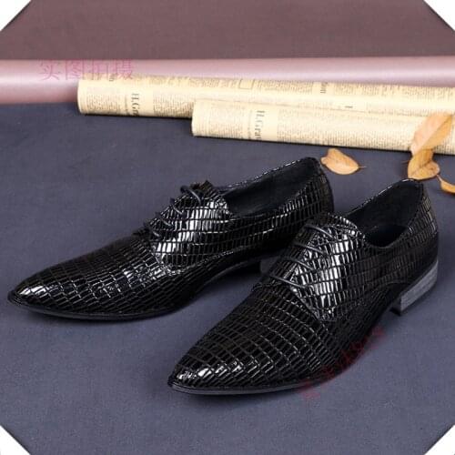 Christia Bella Fashion Plus Size Pointed Toe Business Formal Male Trellis Real Leather Oxfords Shoes Mens Brogue Lace Up Shoes