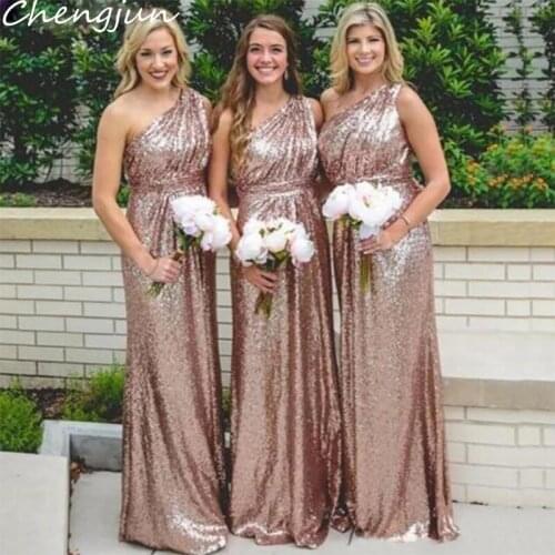 Chengjun Elegant Simple One Shoulder Champagne Sequin Long Bridesmaid Dress