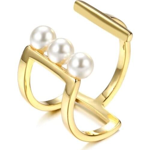 European American Fashion Exaggerated Pearl Ring Charming Womens Gold Party Open Ring Female Jewelry Accessories