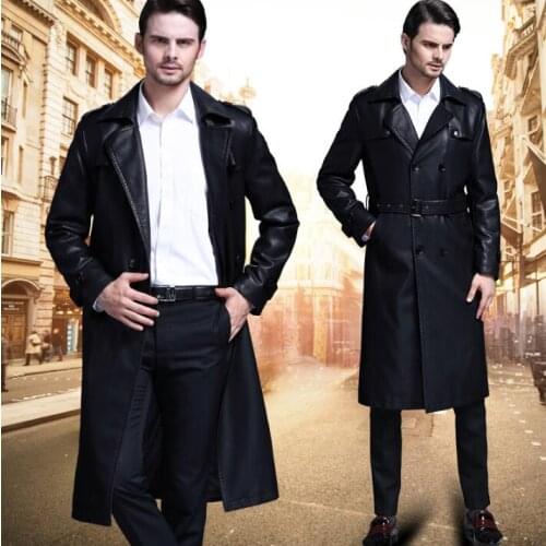 Korean autumn winter black thicken casual leather coats men slim ouble breasted long coat mens leather trench coats fashion 4XL