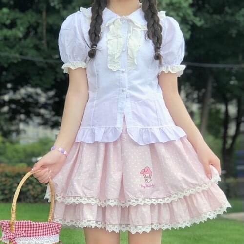 2021 Spring Summer New Lolita Lace Shirt Kawaii Japanese Soft Girl Cute Peter Pan Collar Solid Color Blusas Tops Women Clothing