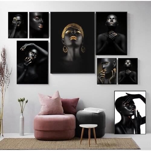 Wall Art Picture Figure Painting Golden Black Woman Canvas Print Posters and Prints For Living Room