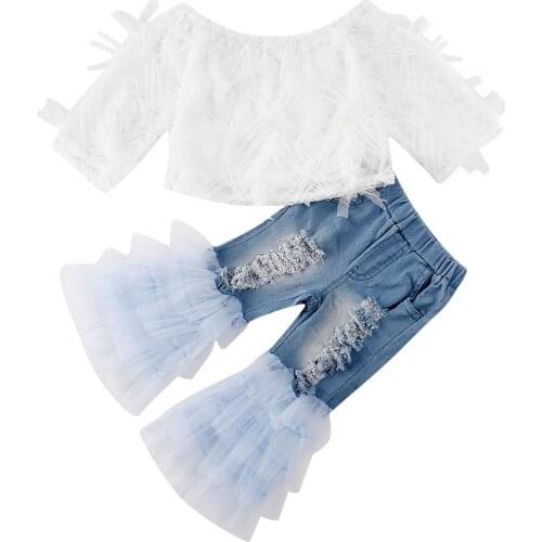 1-6Y Fashion Summer Toddler Kids Baby Girls Clothes Sets White Lace Tops T-shirt Denim Long Pants Jeans Outfits Set