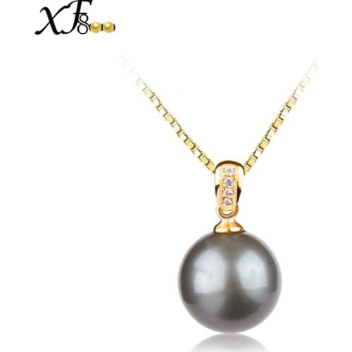 XF800 18K Yellow Gold Necklace Pendant 9-10mm Natural Black Tahitian Pearl Fine Jewelry Brand Wedding Party For Women D229