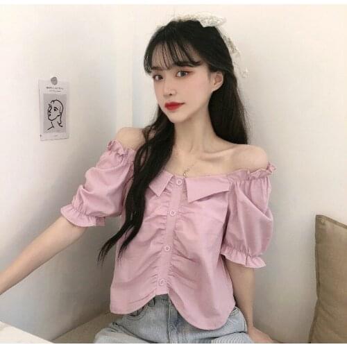 Summer new ruffled puff-sleeved shirt, one-line collar net red short-sleeved shirt