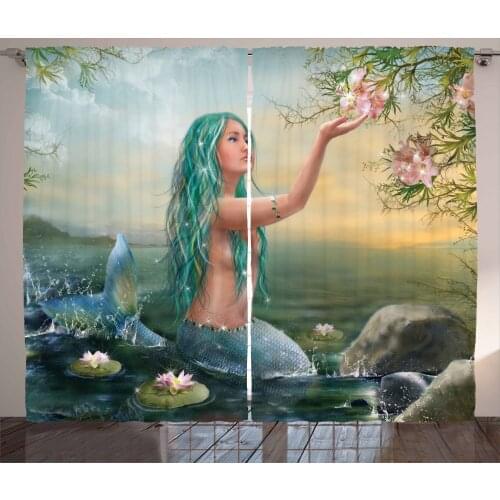 Mermaid Lotus Curtains Turquoise Hair Fantasy Flowers Satin Fabric Drapes for Living Room Bedroom 2 Panel Window Set