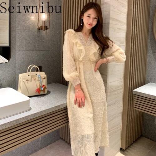 Seiwnibu Lace Embroidery Dresses Vintage Korean Style Party A-Line Loose Winter Long Sleeve Spring 2020 Dress Women Woman Elega
