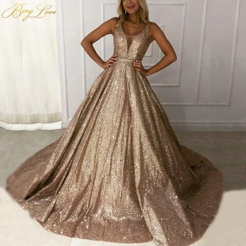 BeryLove Burgundy Sparkle Shiny Evening Dress 2019 Gold Sexy V Neck Glitter Formal Gown Long Sexy Prom Dress Train Robe De Soire