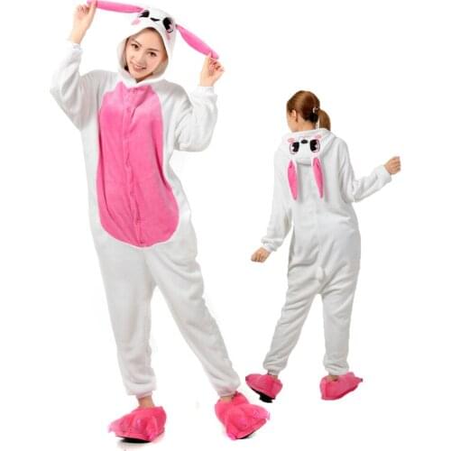 Rabbit Onesie Adults Unisex Animal Kigurumis Costumes Women Men Flannel Jumpsuit Halloween Party Suit Cosplay Pajamas Onesieshow