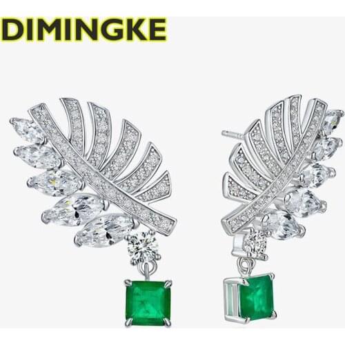 DIMINGKE 6*6MM Emerald Feather Stud Earrings 100% S925 Sterling Silver Woman High Jewelry Party Birthday Gift
